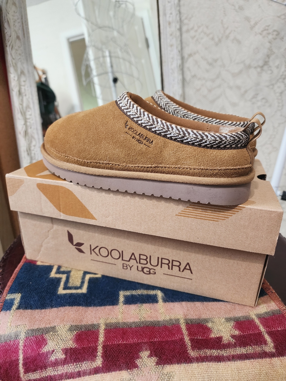 Koolaburra Tan Suede Slip-On Loafers with Patterned Trim